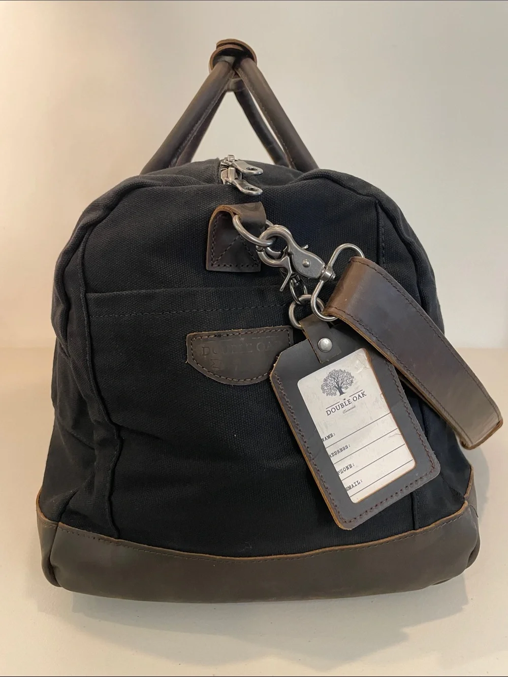 Double Oak Essentials Weekender Duffel 40L Black Canvas Leather Travel Bag